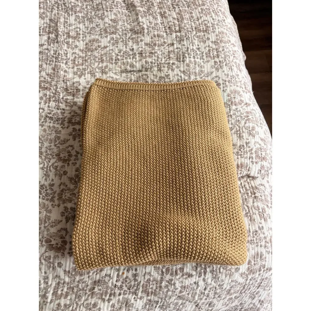 Vintage Chunky Knit Throw Blanket 62x54 Camel Tan Heavy Garter Knit Neutral